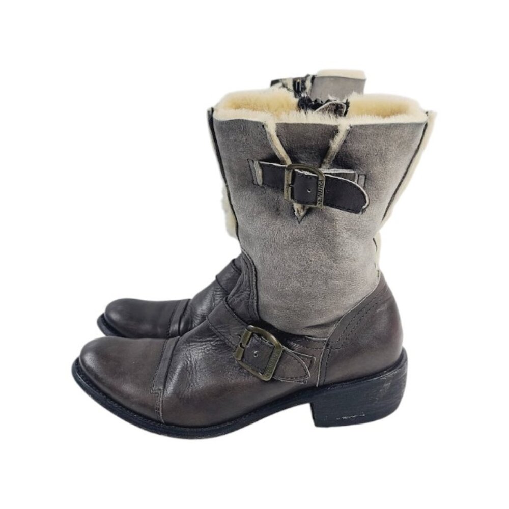 Sendra Women's Gray Brown Hippie Leather Shearling Cuff Ankle Winter Boots Sz 8